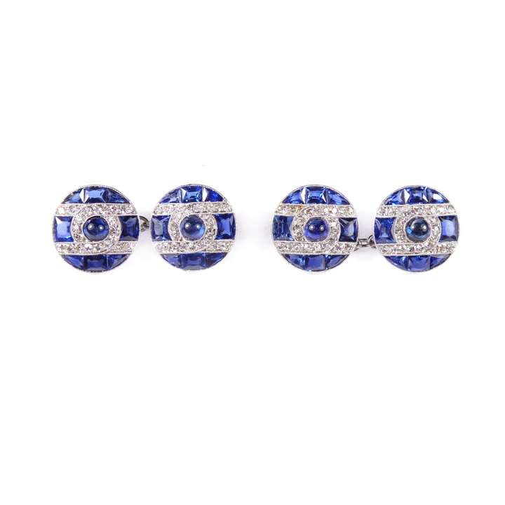 Pair of sapphire and diamond round panel cluster cufflinks